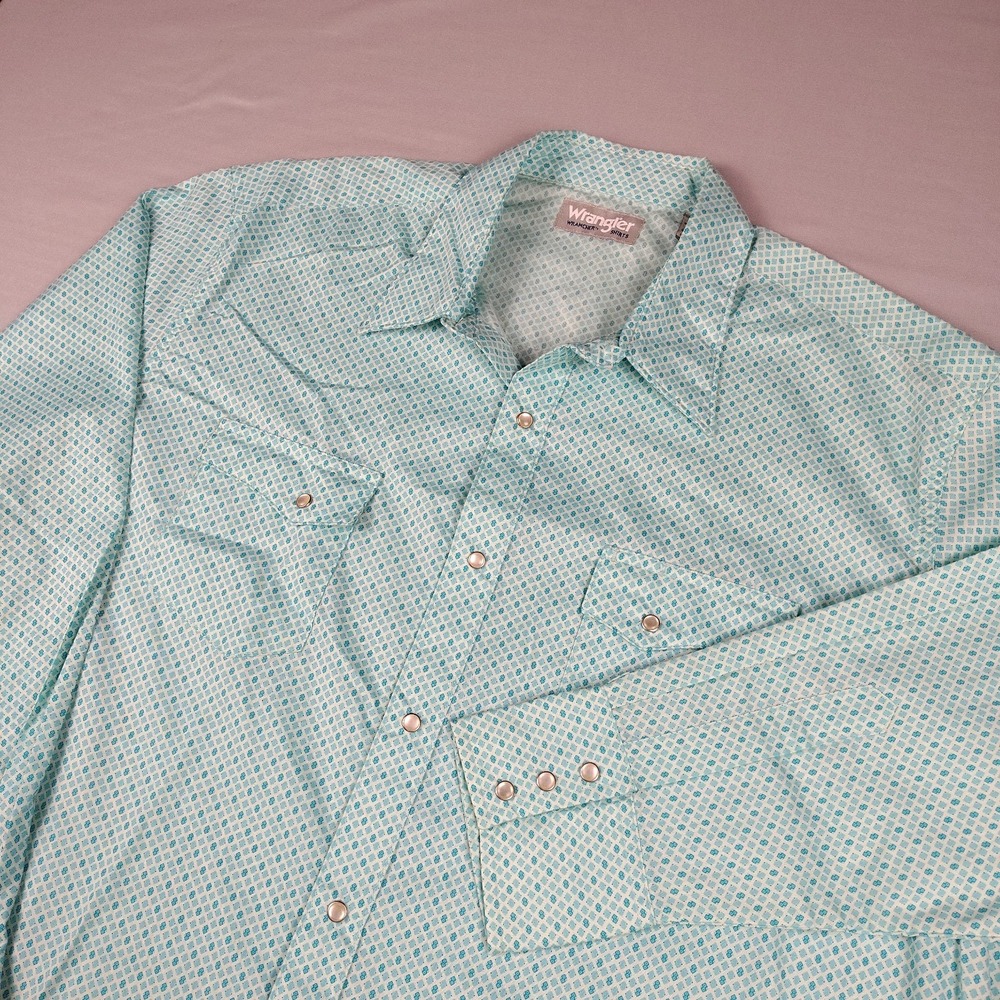 Wrangler Wrancher Men's XXL Western Pearl Snap Shirt Turquoise Geometric Long Sl